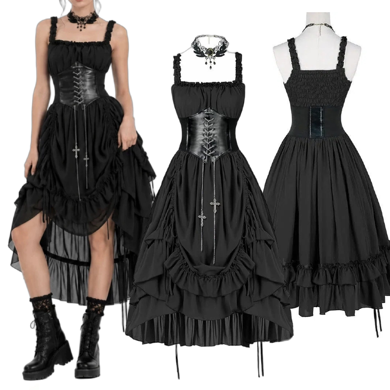 Midi Dress - Damska Gotycka Sukienka Gorsetowa Czarna Punk