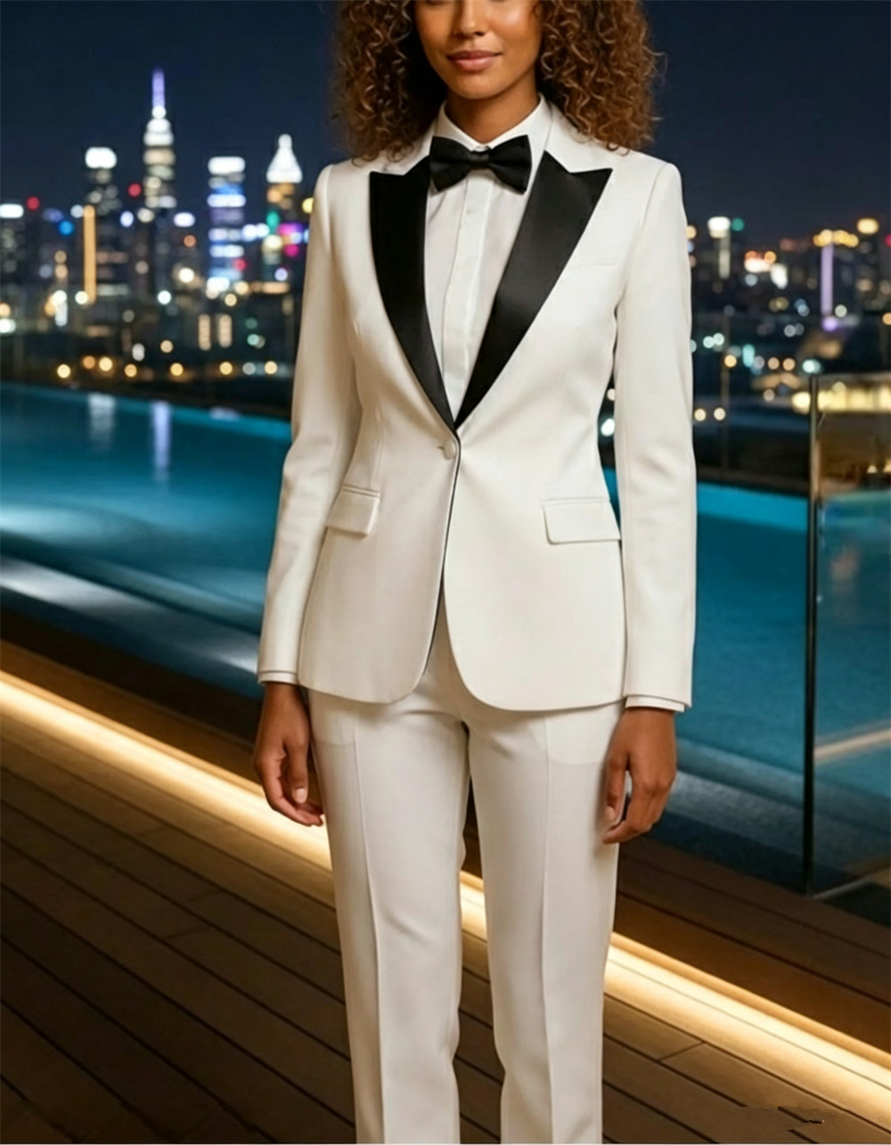 Womens Blazer - Damski dwuczęściowy garnitur, biały garnitur, czarny